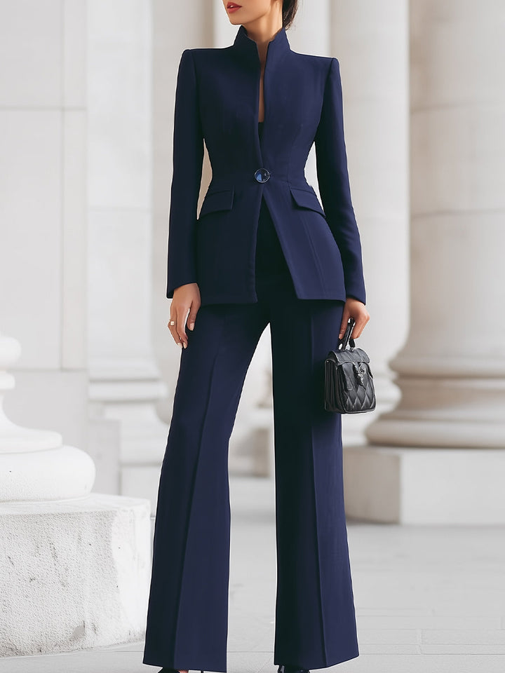 Women's Structured Blazer and Wide Leg Pants Suit Set