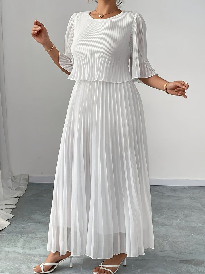 Claire | Maxi Wedding Guest Dress with Pleated Skirt and Round Neck