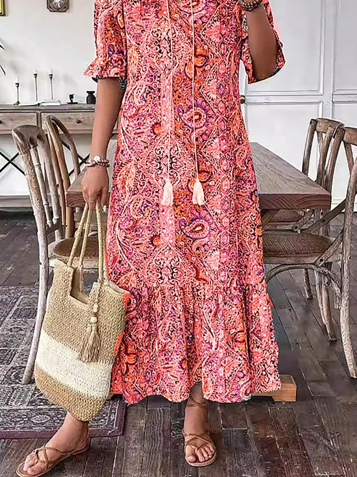 Gene | Midi Summer Dress with Boho Print and Tassel Tie
