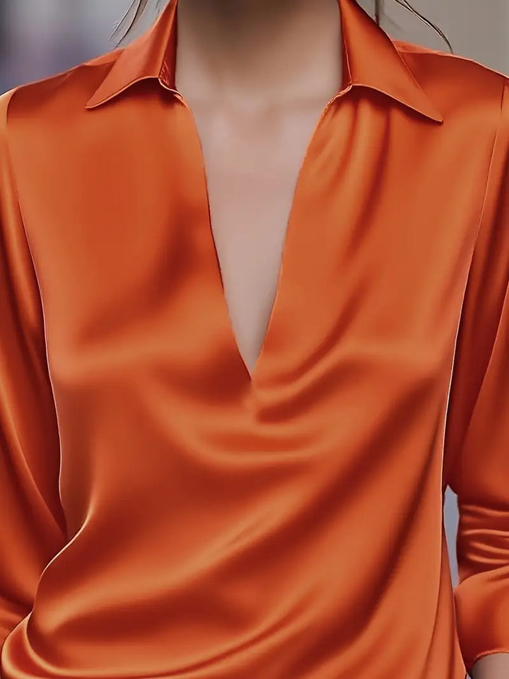 Women's Satin Blouse with V-Neck Collar and Long Sleeve