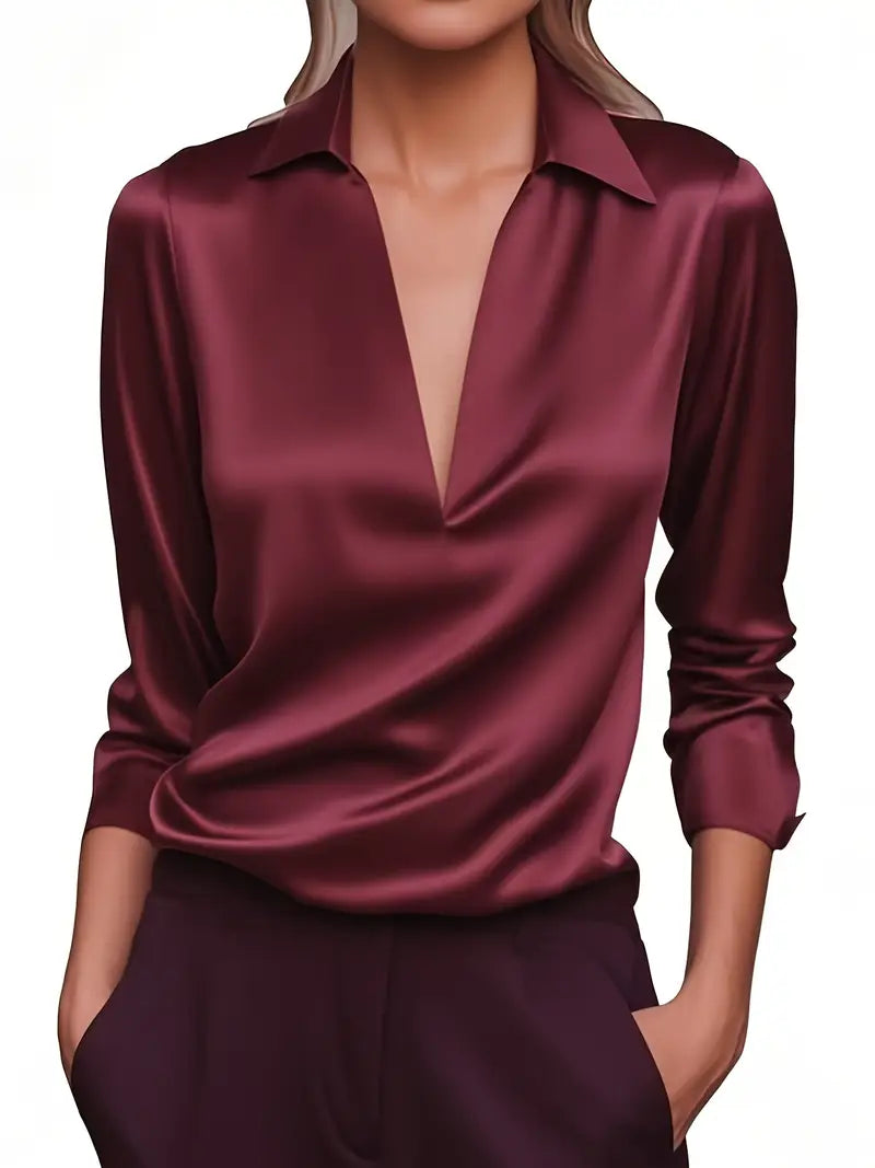Women's Satin Blouse with V-Neck Collar and Long Sleeve