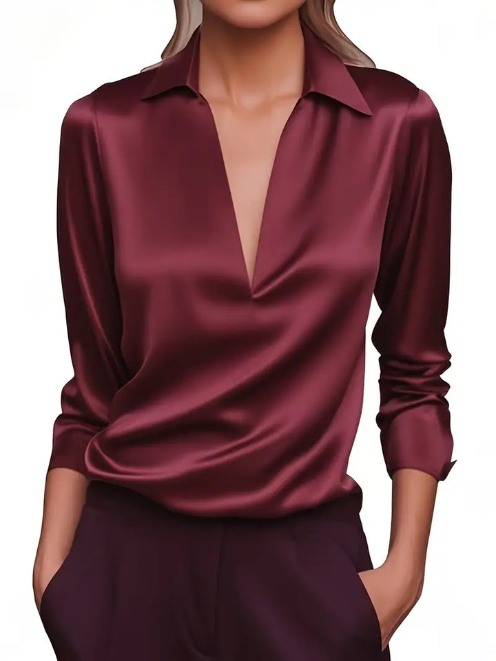 Women's Satin Blouse with V-Neck Collar and Long Sleeve