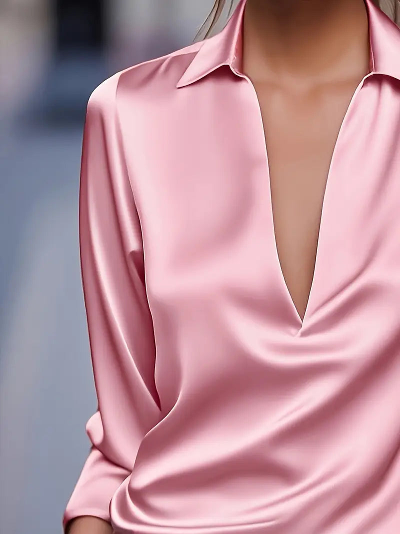 Women's Satin Blouse with V-Neck Collar and Long Sleeve