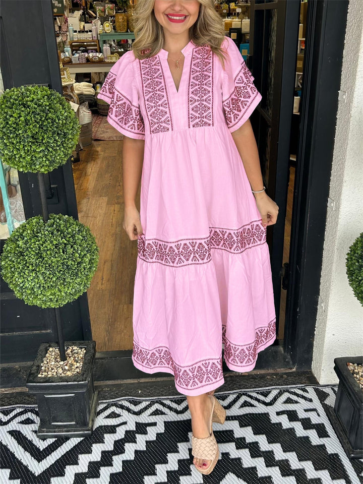 Kylie | Midi Summer Dress with Embroidered Detail and V-Neck