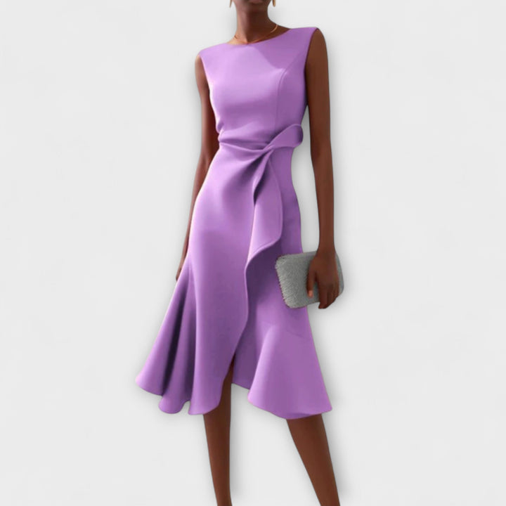 Sheila | Midi Cocktail Dress with Asymmetric Hem and Draped Bodice