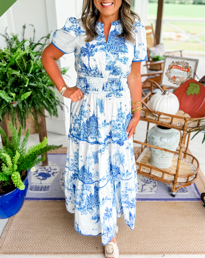 Nova | Maxi Shirt Dress with Toile Print and Tiered Skirt