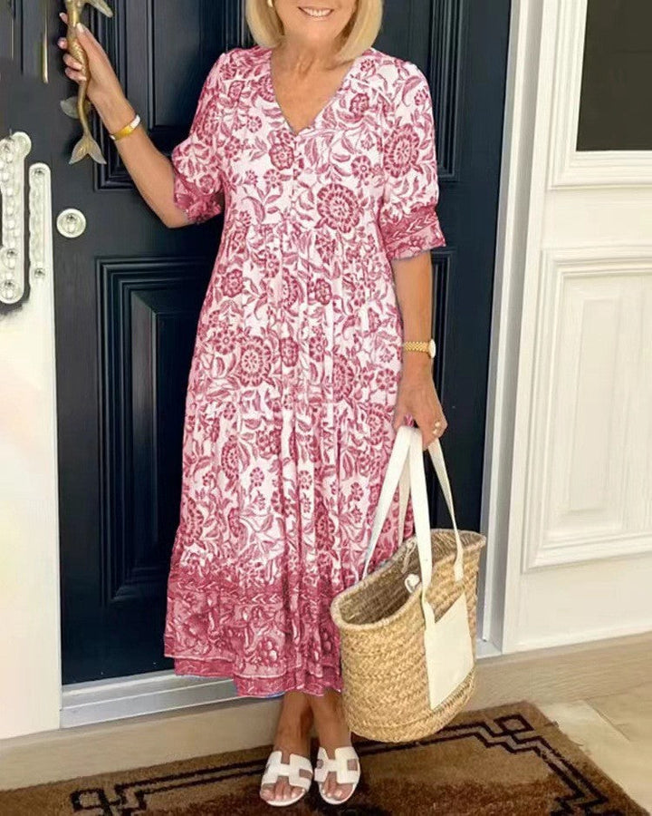 Phoebe | Midi Summer Dress with Boho Print and V-Neck