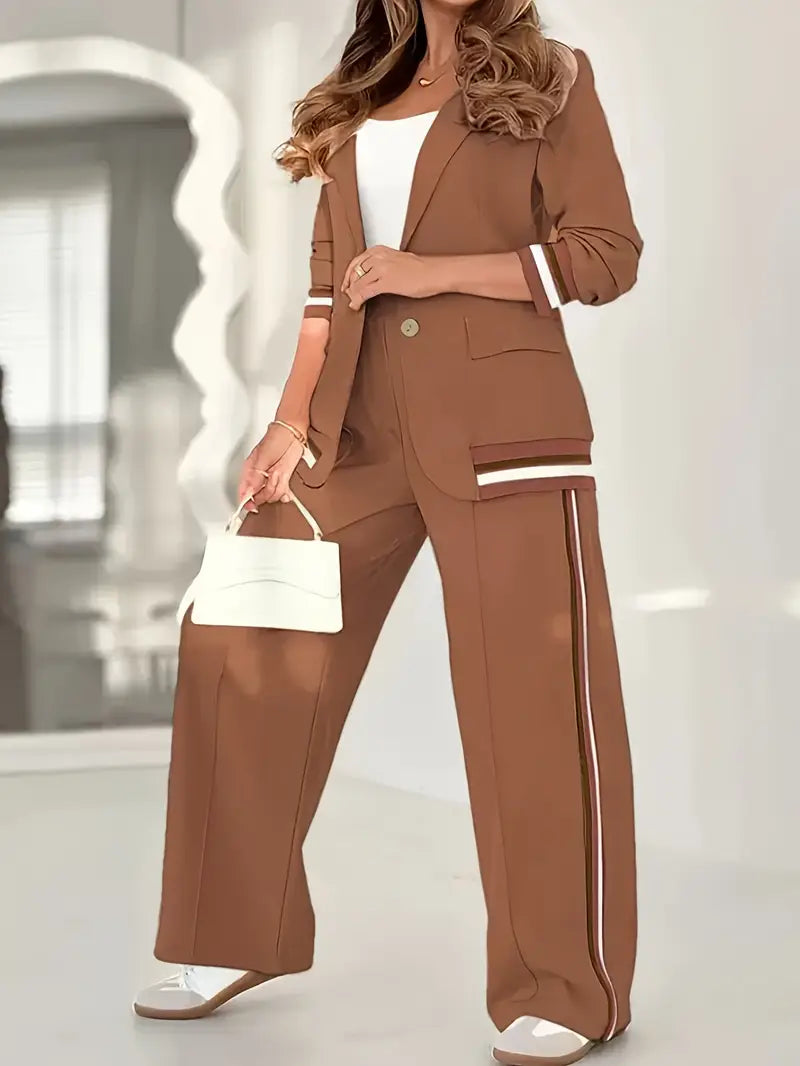 Women's Blazer and Straight Leg Pants Set with Contrast Stripe