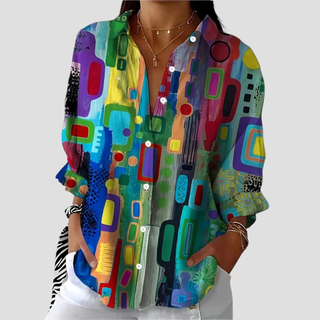 Freya | Abstract Print Top with Button Front and Long Sleeves