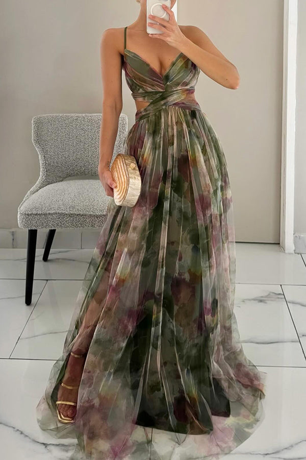 Women's Spaghetti Strap Maxi Dress with Ruched Bodice