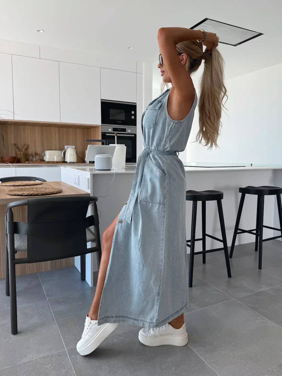 Claire | Maxi Shirt Dress with Belted Waist and Side Slit