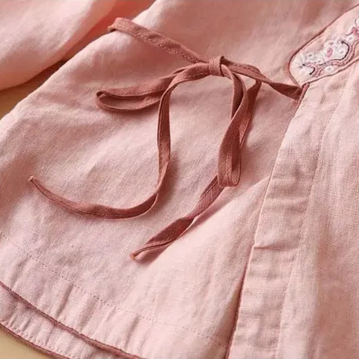 Xia | Wrap Blouse with Embroidered Trim and Side Tie