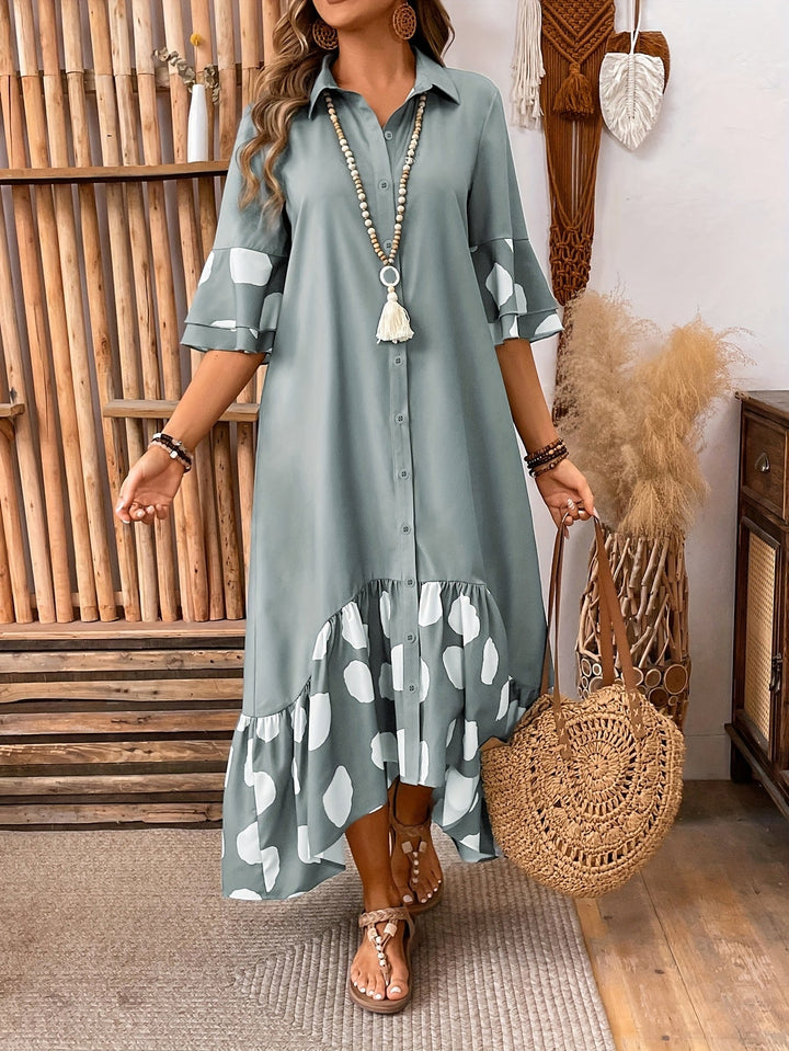 Amber | Midi Polka Dot Dress with Button Front and Ruffle Hem