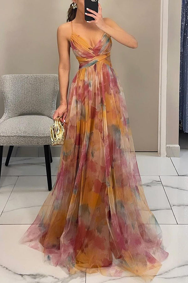 Women's Spaghetti Strap Maxi Dress with Ruched Bodice