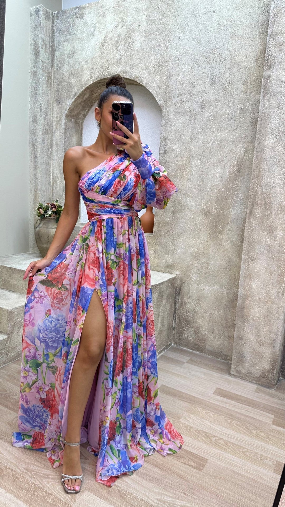 Women's Floral One Shoulder Maxi Dress with High Side Slit