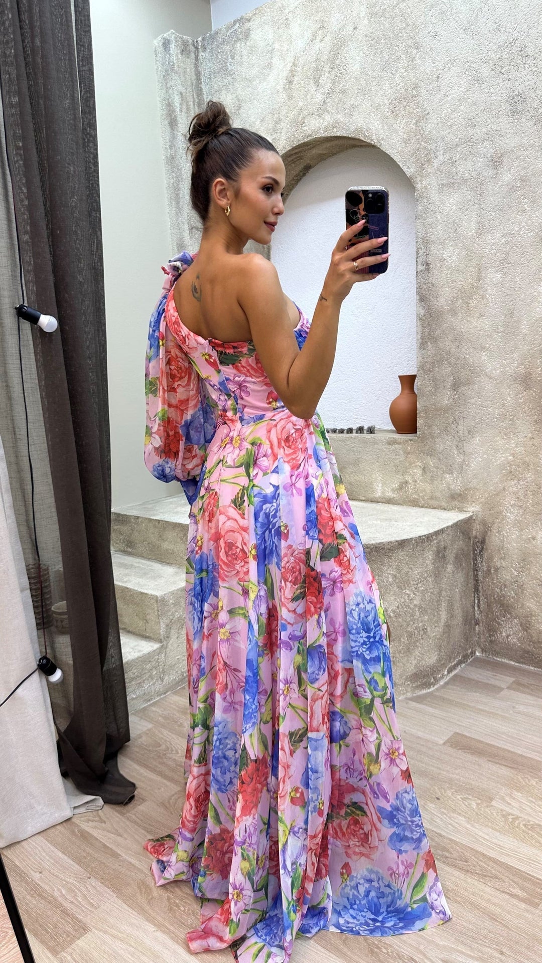 Women's Floral One Shoulder Maxi Dress with High Side Slit