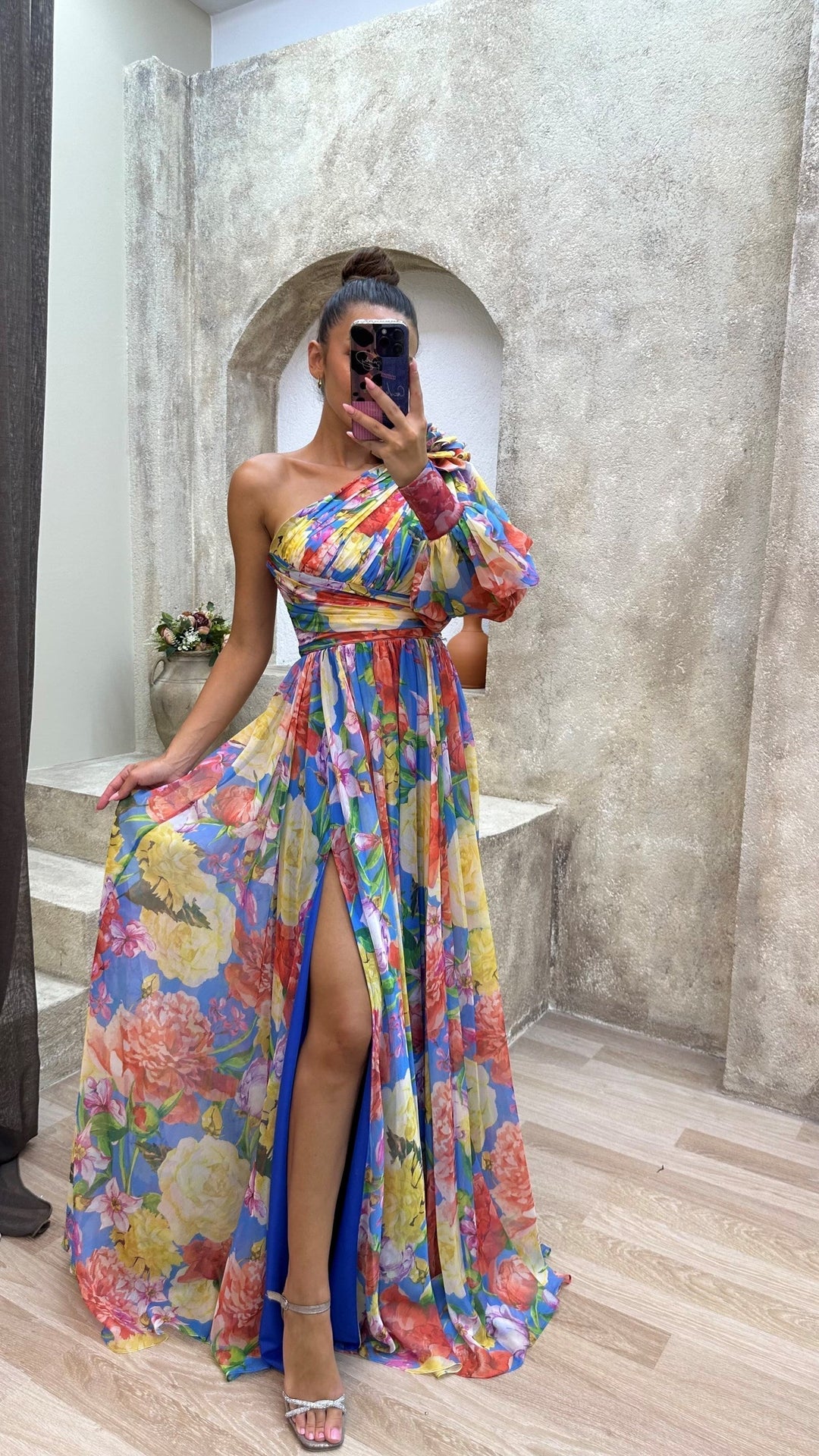 Women's Floral One Shoulder Maxi Dress with High Side Slit