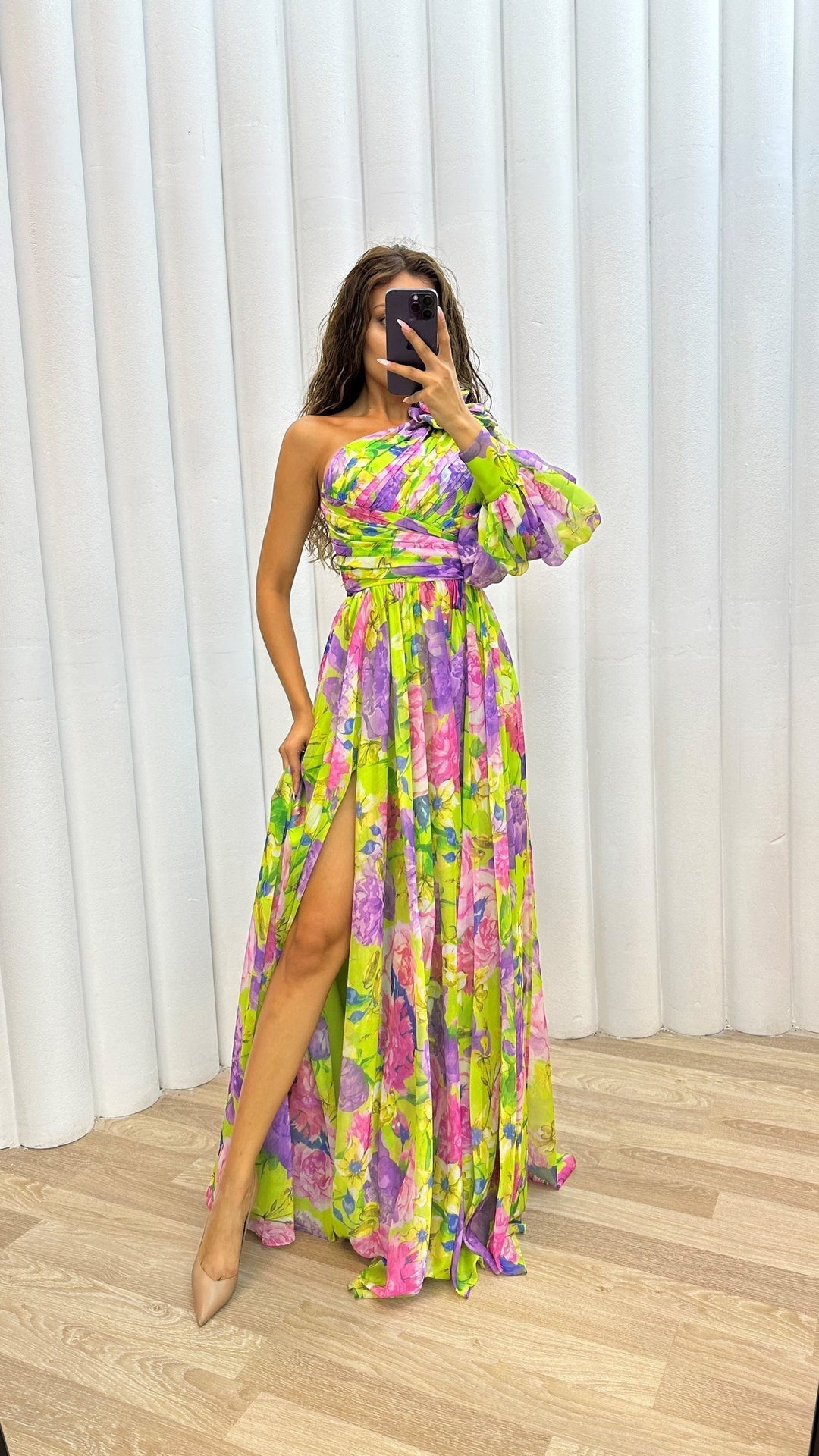 Women's Floral One Shoulder Maxi Dress with High Side Slit