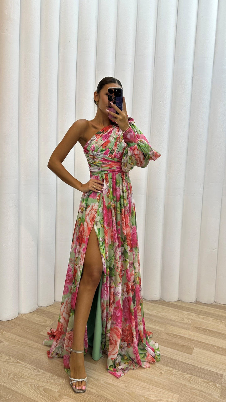 Women's Floral One Shoulder Maxi Dress with High Side Slit
