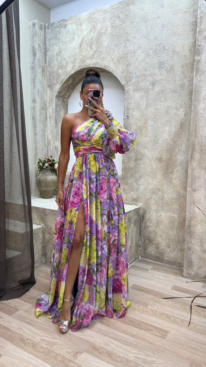 Women's Floral One Shoulder Maxi Dress with High Side Slit