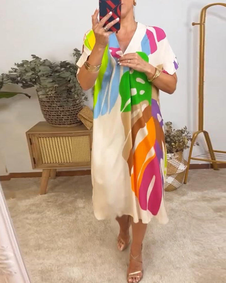 Lisa | Midi Summer Dress with Abstract Print and Batwing Sleeves