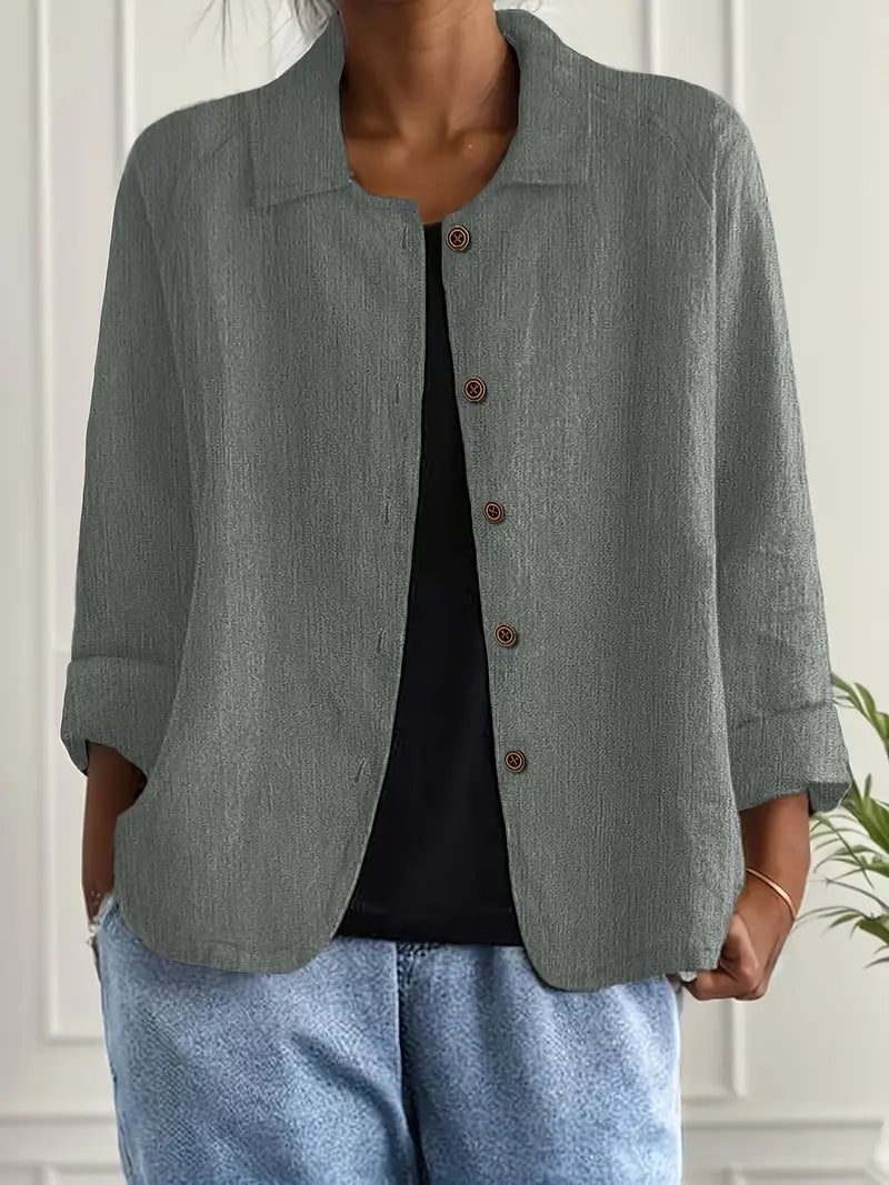 Women's Relaxed Linen Shirt with Open Collar and Button Front