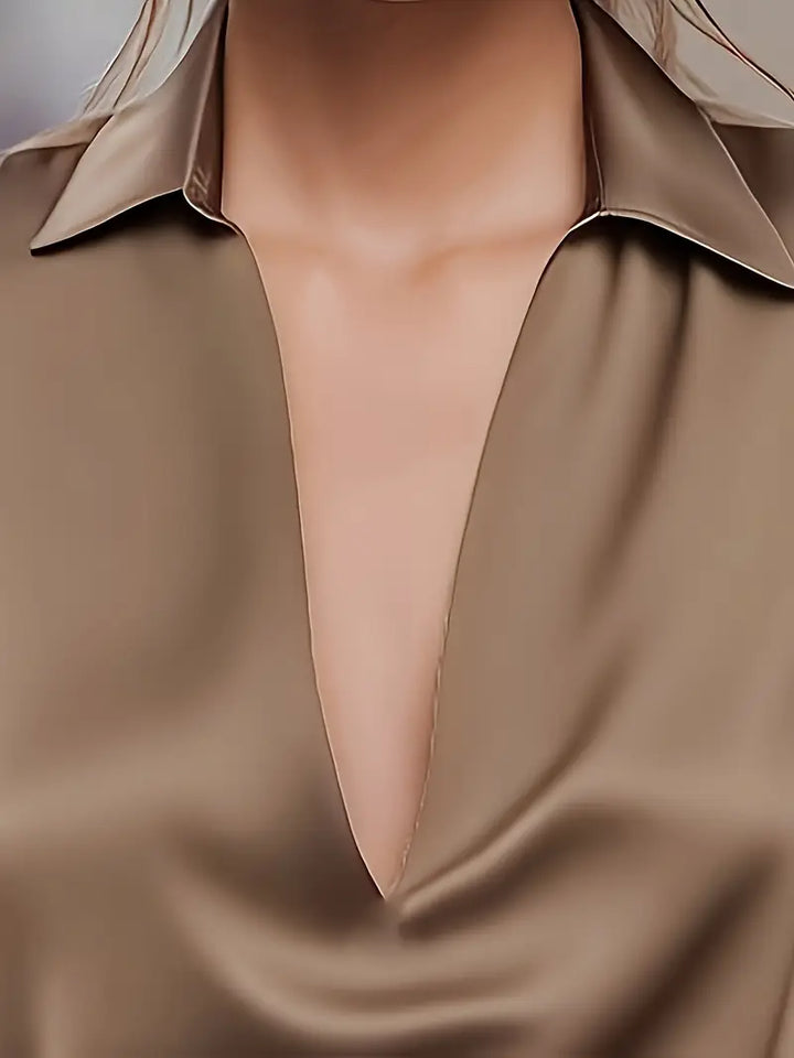 Women's Satin Blouse with V-Neck Collar and Long Sleeve