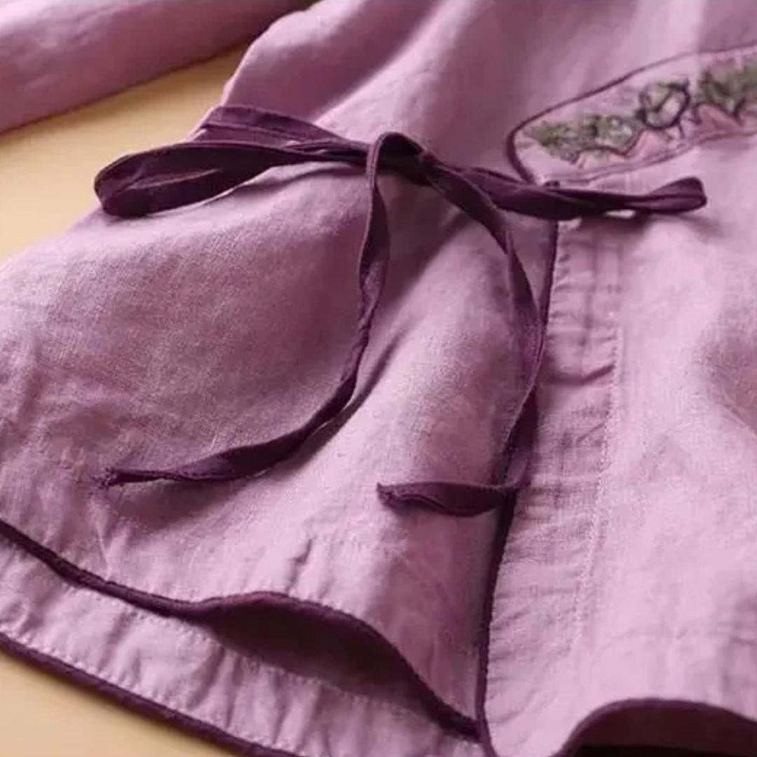 Xia | Wrap Blouse with Embroidered Trim and Side Tie