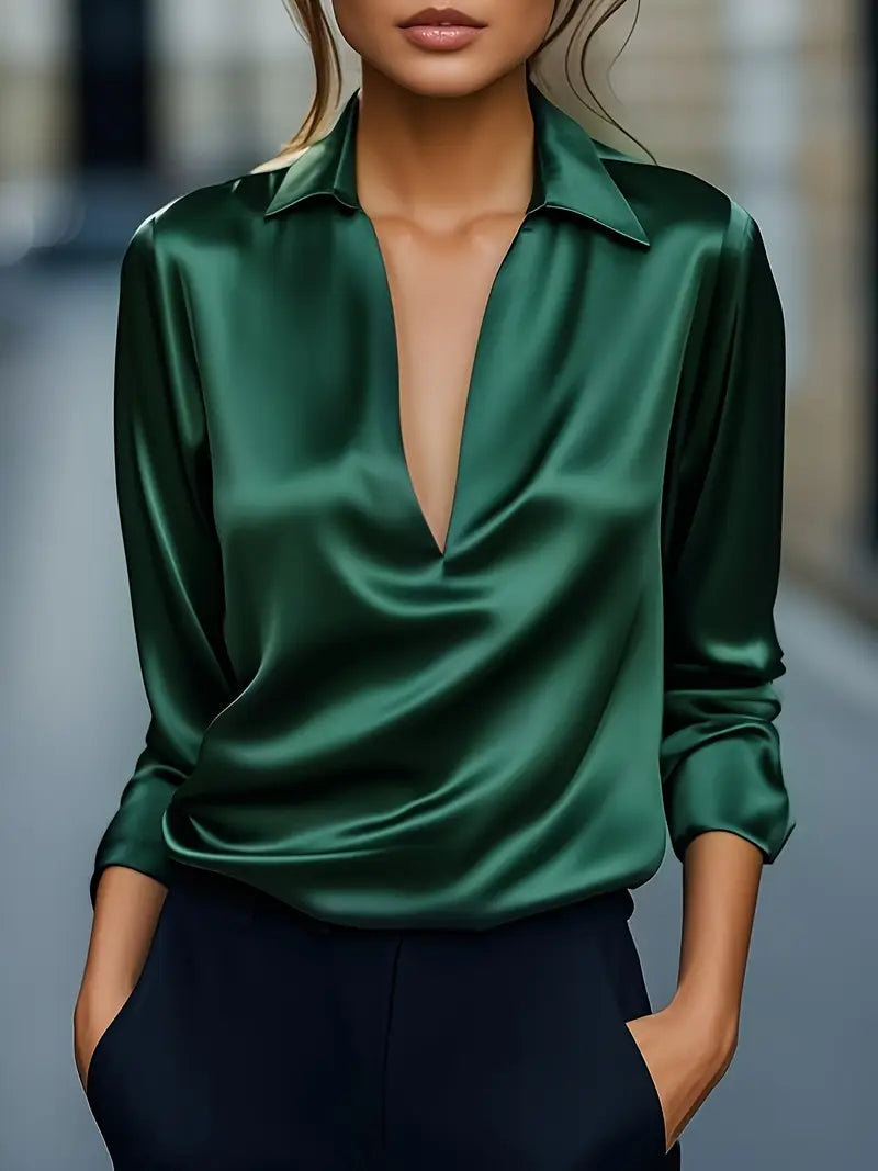 Women's Satin Blouse with V-Neck Collar and Long Sleeve
