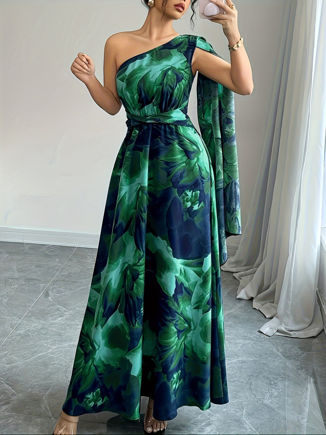 Irene | Maxi Wedding Guest Dress with One Shoulder and Floral Print