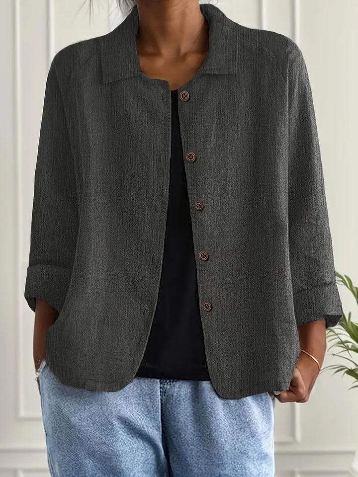Women's Relaxed Linen Shirt with Open Collar and Button Front
