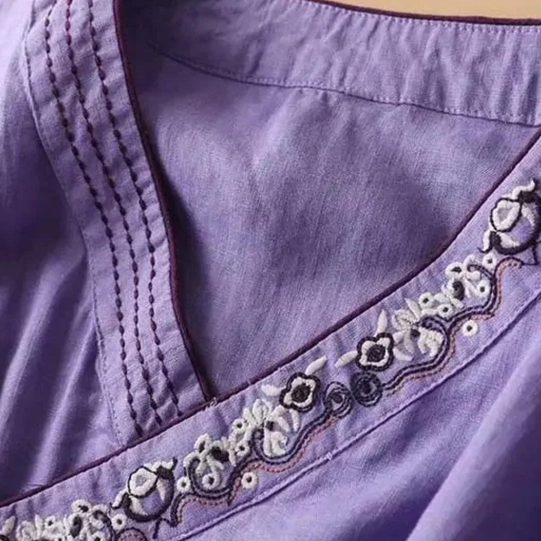 Xia | Wrap Blouse with Embroidered Trim and Side Tie