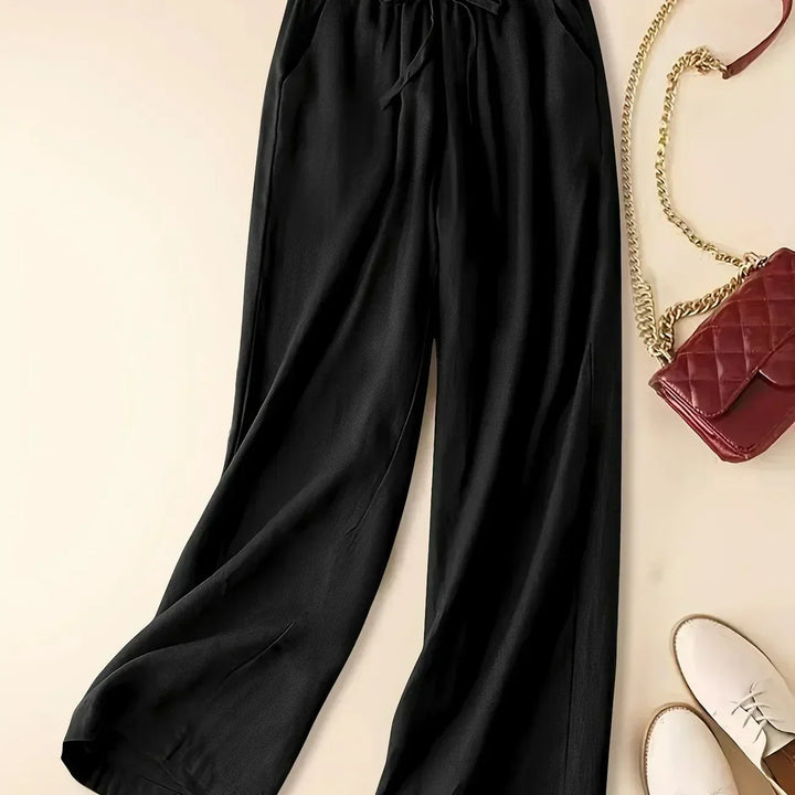 Tia | Wide-Leg Trousers with Drawstring Waist and Plain Finish