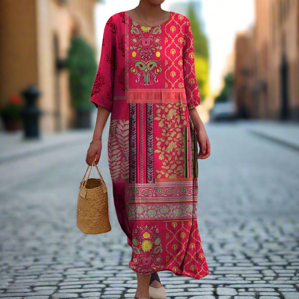 Evelyn | Midi Summer Dress with Boho Print and Three Quarter Sleeves