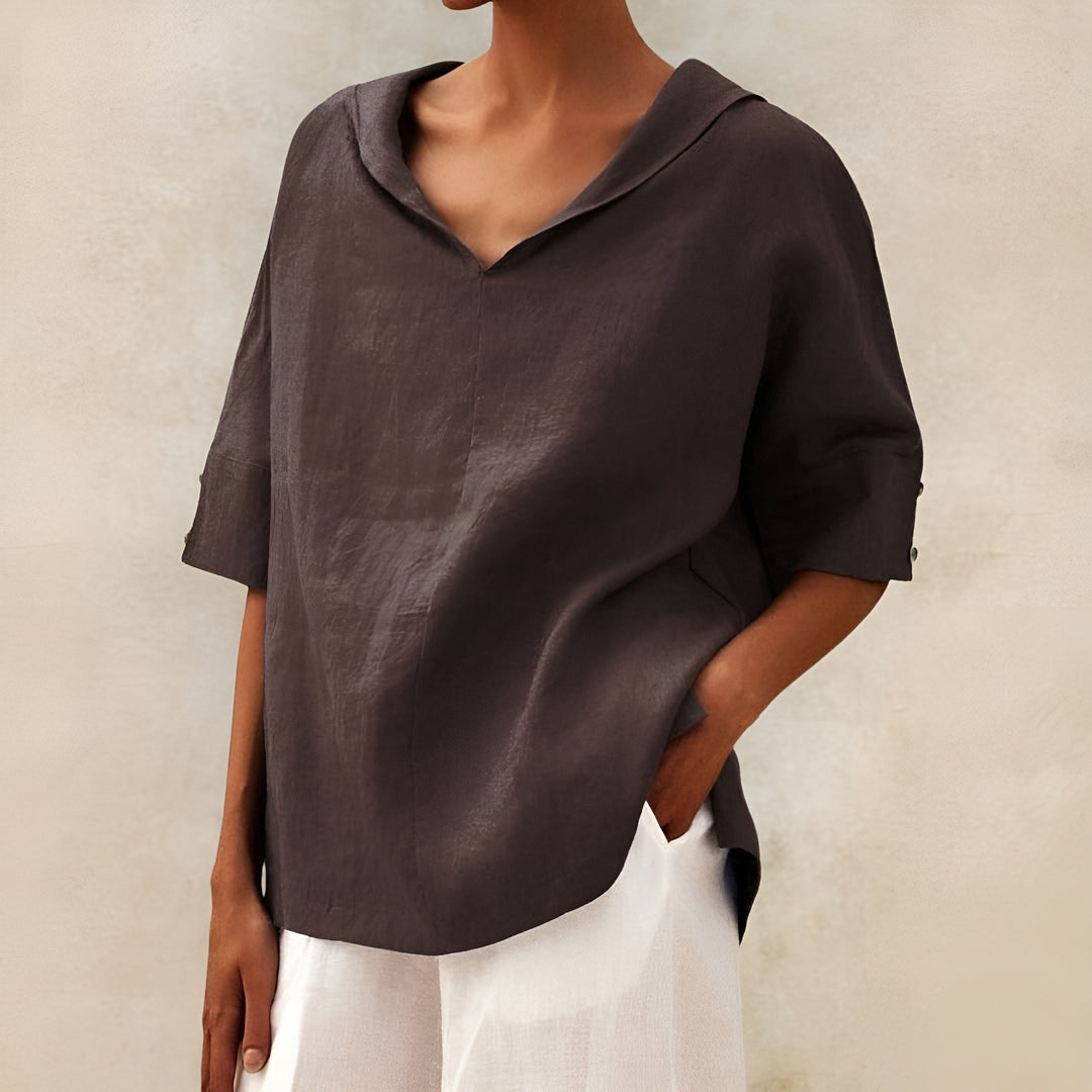 Women's V-Neck Blouse with Short Sleeve Relaxed Fit