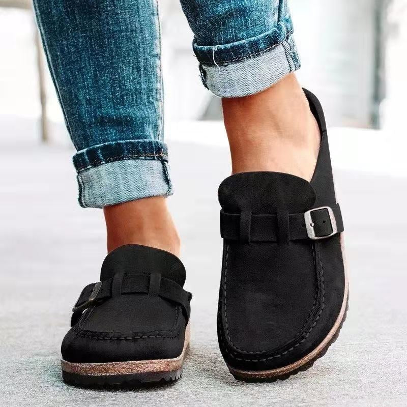 Women's Orthopedic Slip on Mules with Buckle Detail and Moccasin Stitch