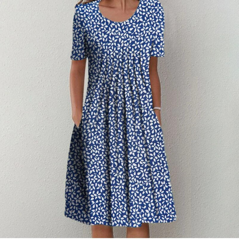 Women's Floral Midi Dress with Gathered Waist and Side Pockets
