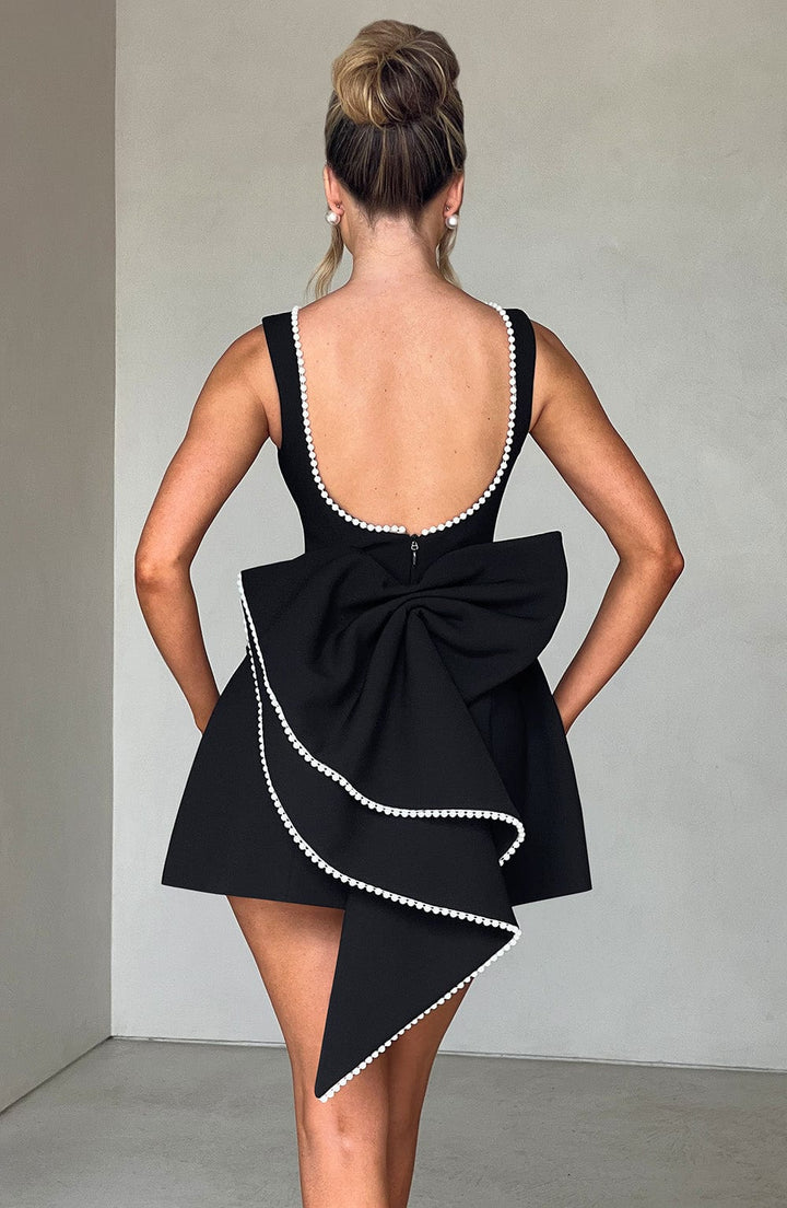 Amber | Mini Wedding Guest Dress with Pearl Trim and A-Line Cut