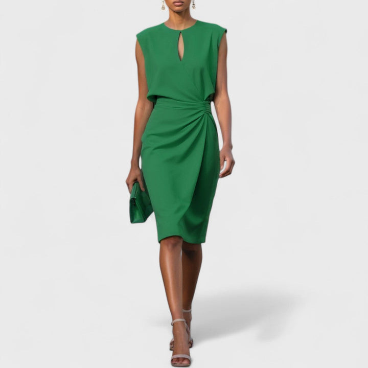 Kathy | Midi Cocktail Dress with Keyhole Neck and Ruched Bodice