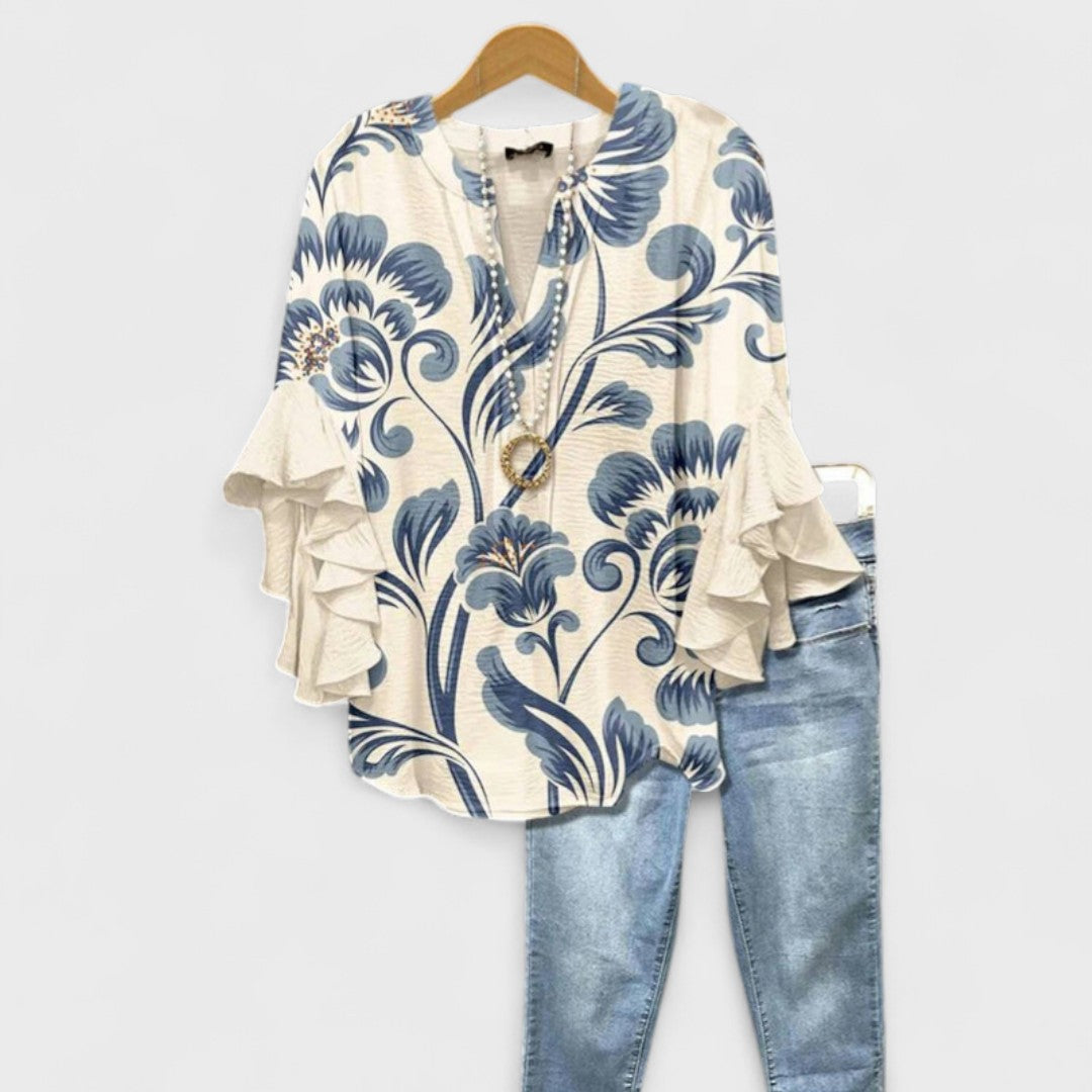 Ines | Baroque Print Blouse with Ruffle Sleeves and V-Neck