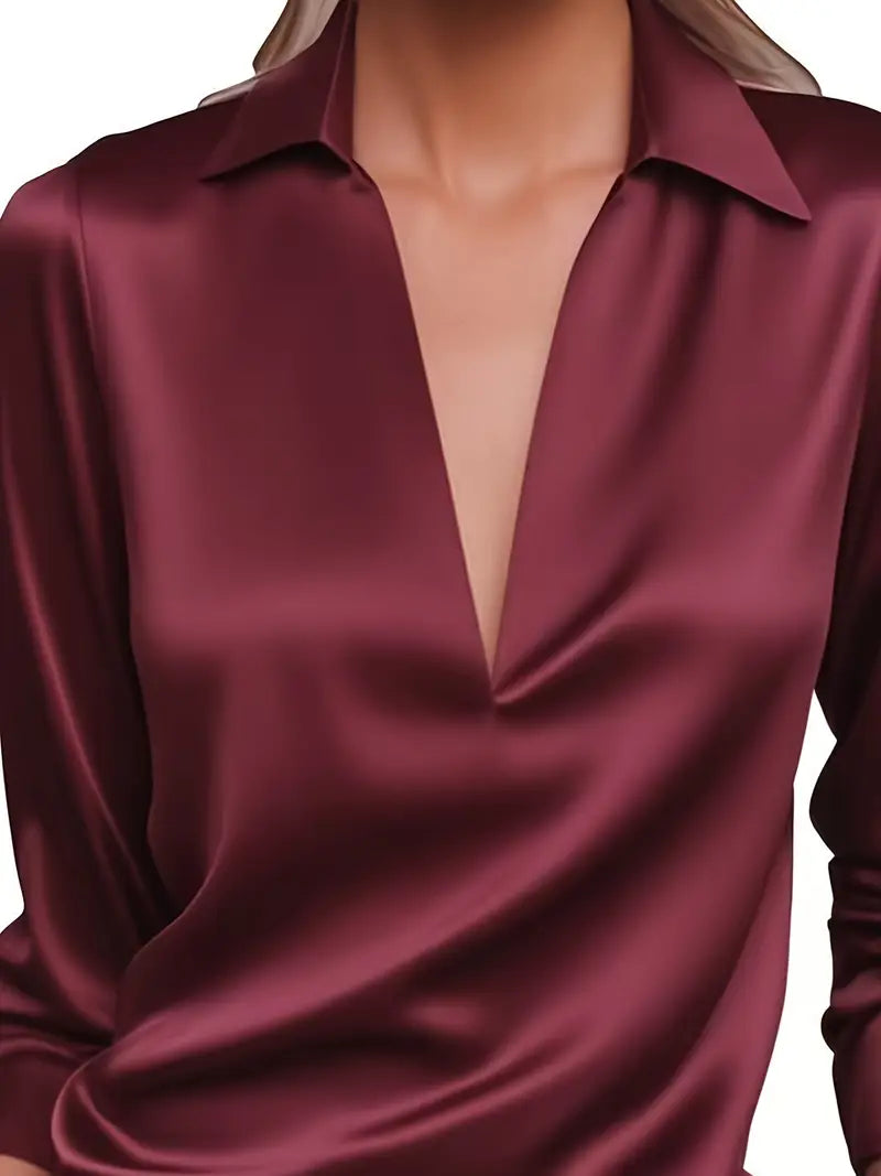 Women's Satin Blouse with V-Neck Collar and Long Sleeve