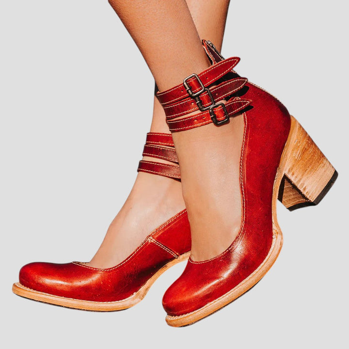 Women's Closed Toe Block Heel with Buckle Strap
