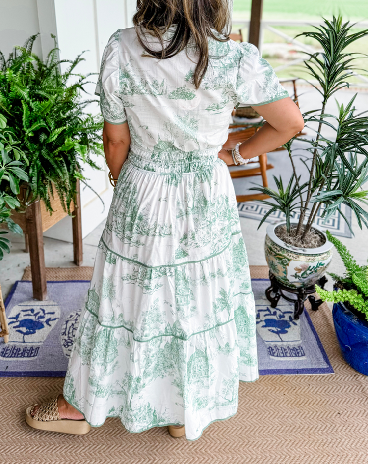Nova | Maxi Shirt Dress with Toile Print and Tiered Skirt