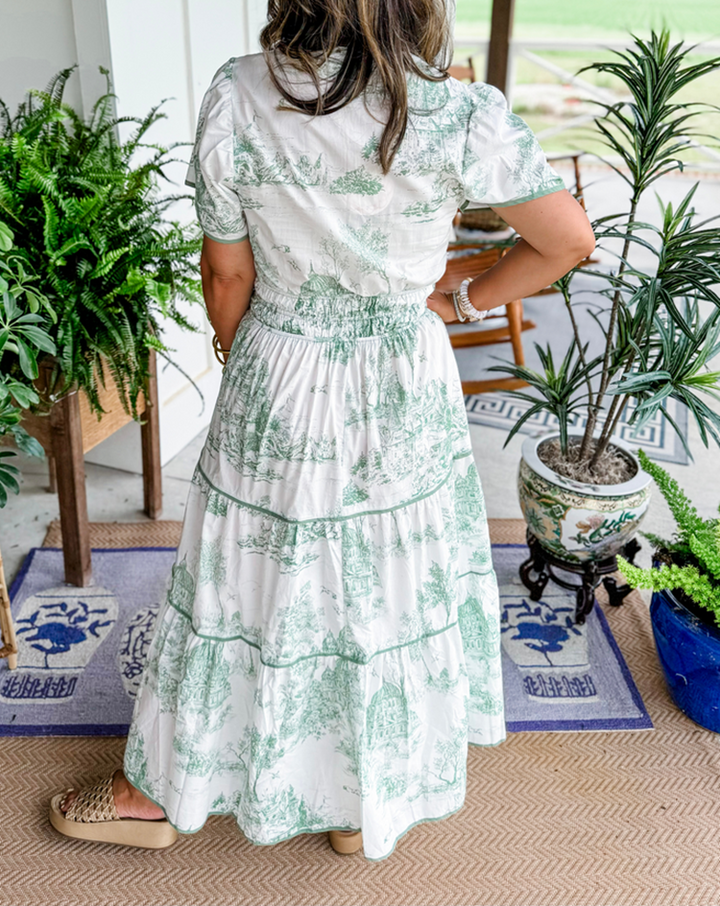 Nova | Maxi Shirt Dress with Toile Print and Tiered Skirt