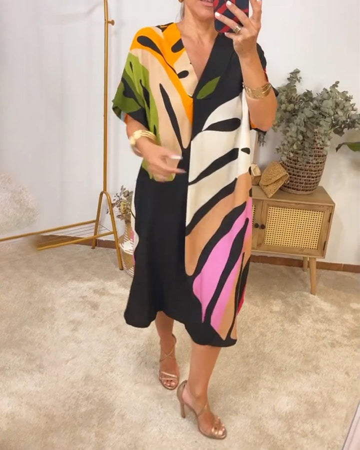 Lisa | Midi Summer Dress with Abstract Print and Batwing Sleeves