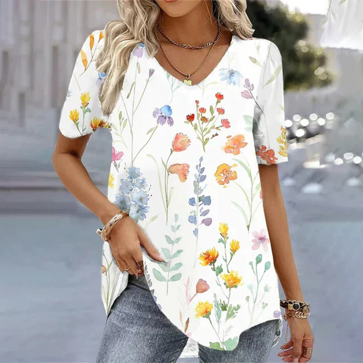 Women's Short Sleeve V-Neck Printed T-Shirt Relaxed Fit