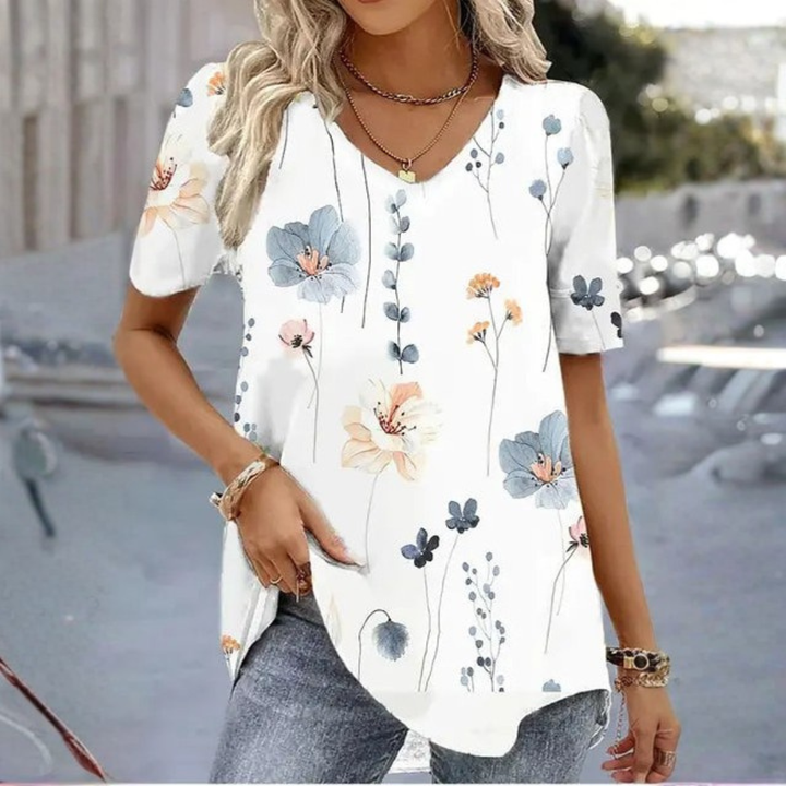 Women's Short Sleeve V-Neck Printed T-Shirt Relaxed Fit
