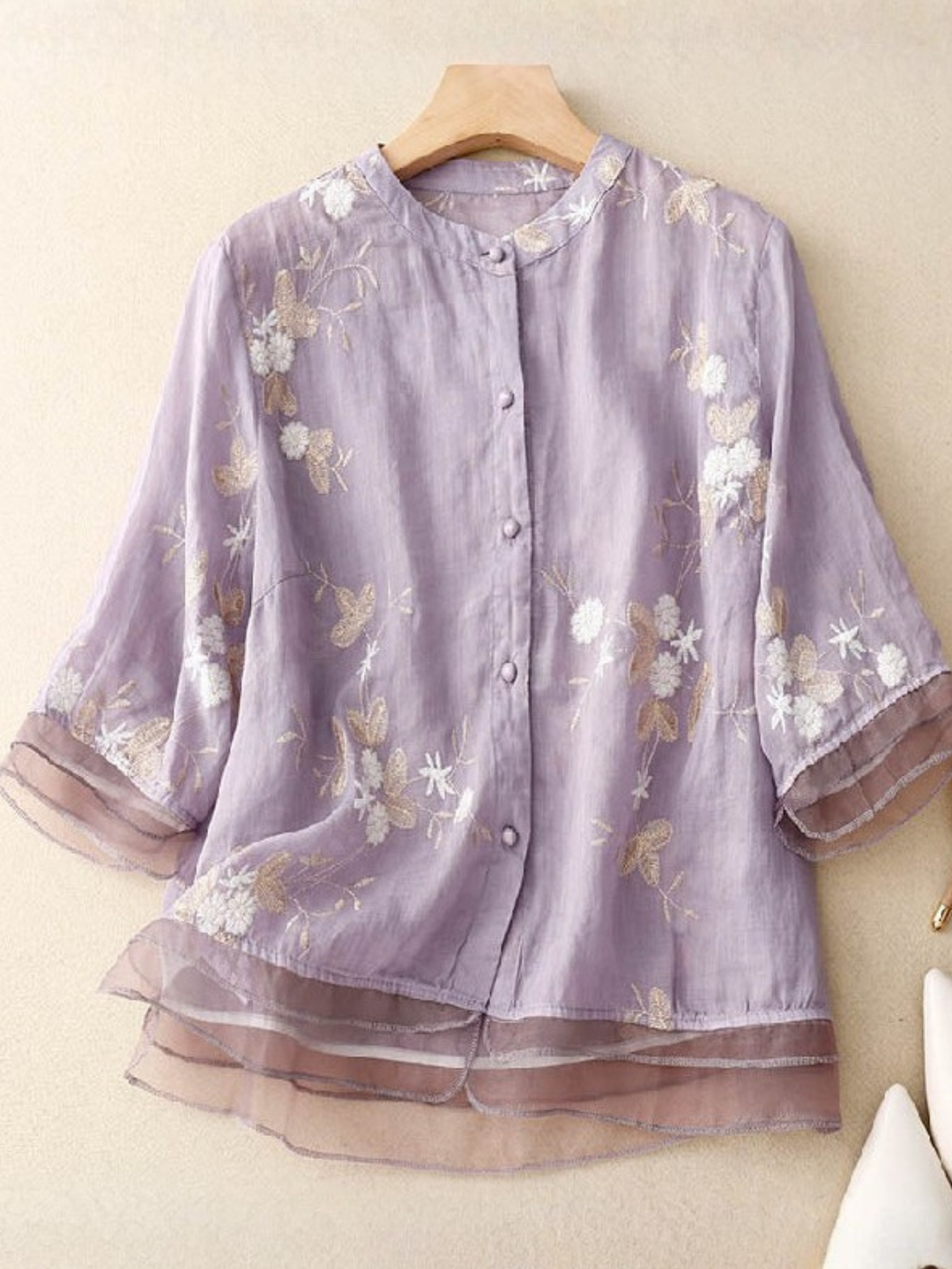 Adele | Embroidered Blouse with Mandarin Collar and Button Front