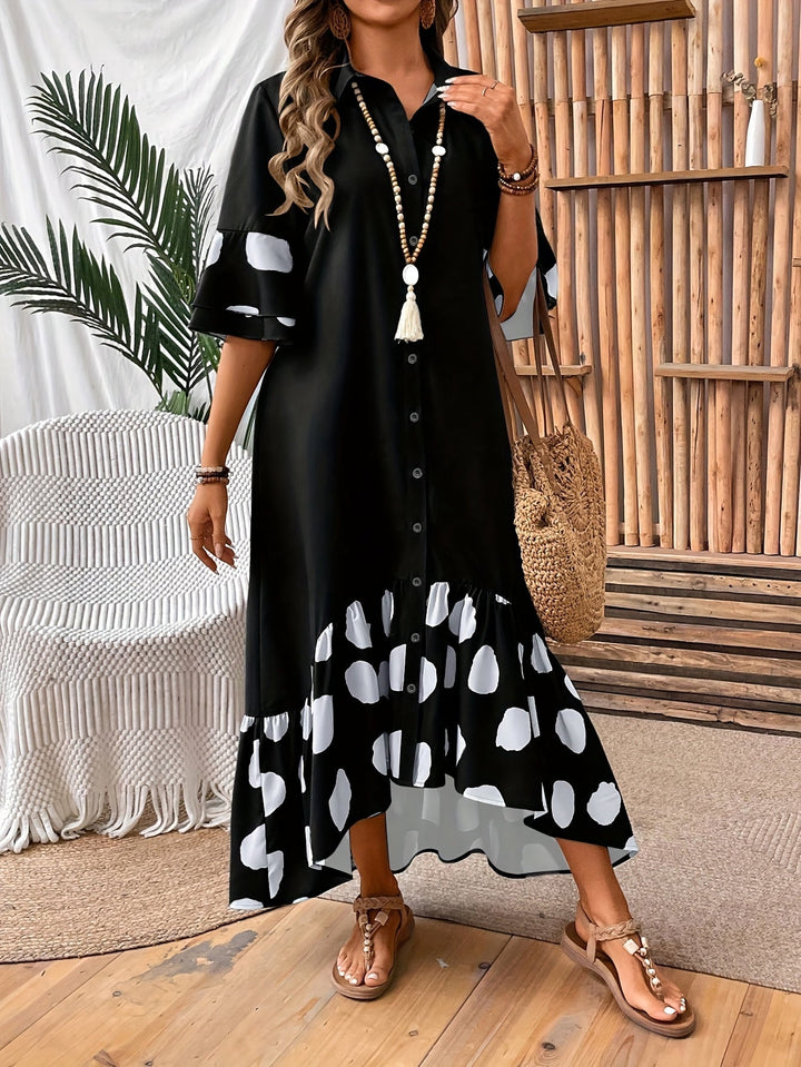 Amber | Midi Polka Dot Dress with Button Front and Ruffle Hem