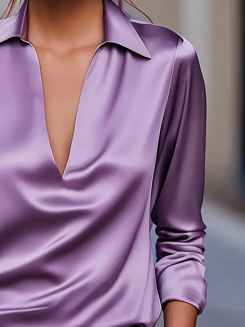 Women's Satin Blouse with V-Neck Collar and Long Sleeve
